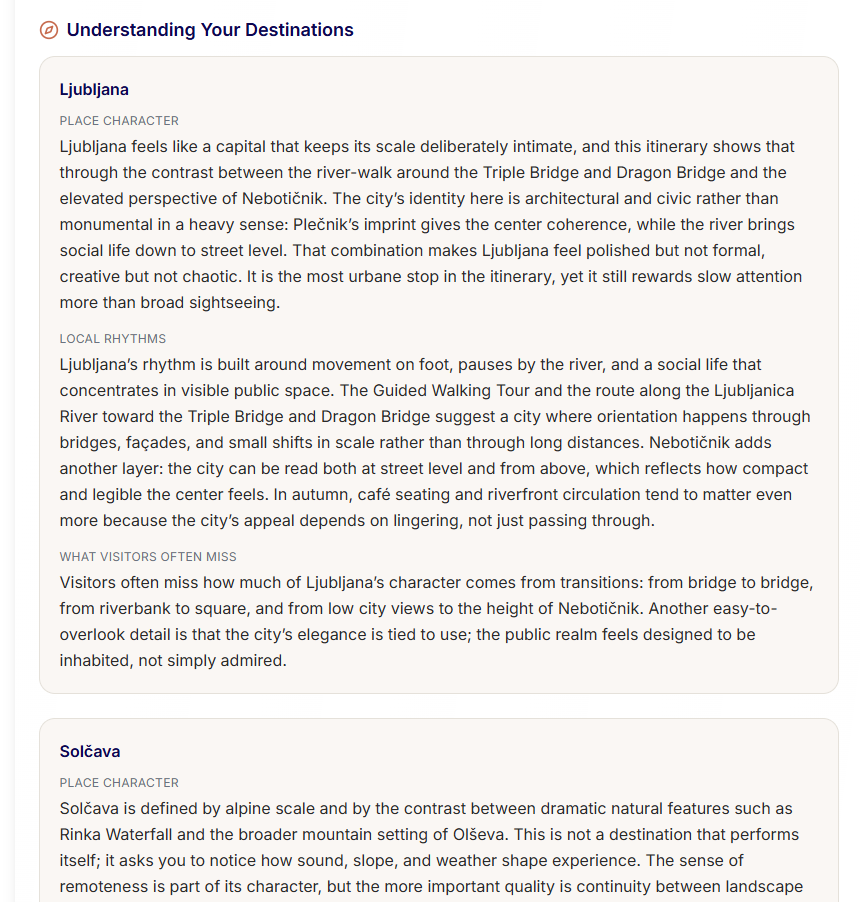 Understanding Your Destinations section with place character and local rhythms write-ups